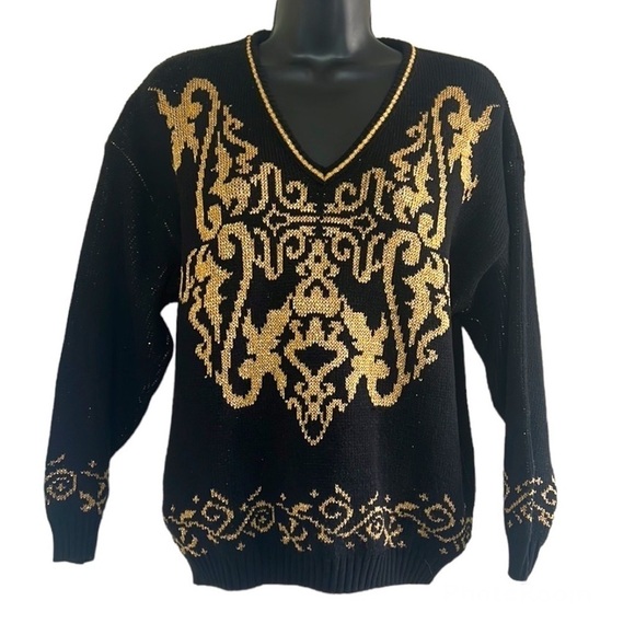 Vintage 🧚♀️Felicia Black/Gold Sparkly Metallic 80’s Sweater - Picture 1 of 9